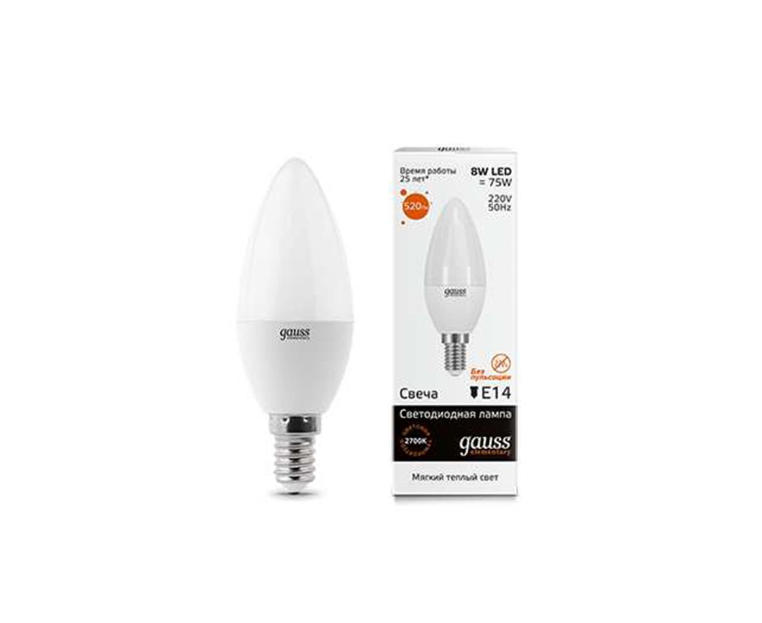 ლედ ნათურა Candle 8W E14 2700K gauss el - 33118 — ნათურა და ვაზნა
